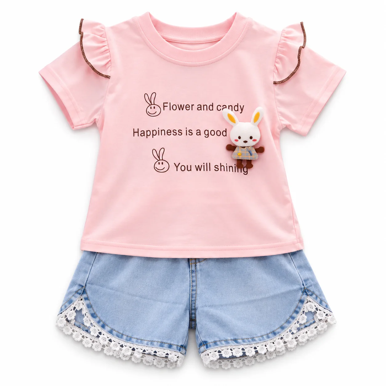 Girls Cream & Pink 2-Piece T-Shirt & Denim Shorts Set