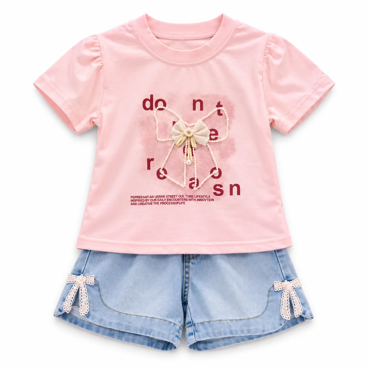 Girls Pink & Light Denim Blue 2-Piece T-Shirt & Denim Shorts Set