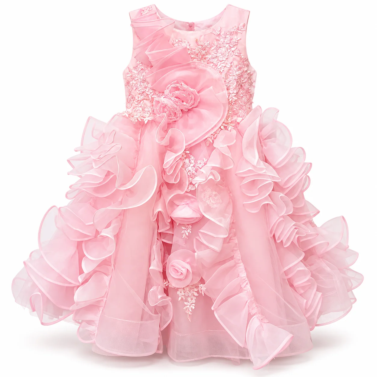 Girls Pink Floral Embroidered Ruffle Party Dress