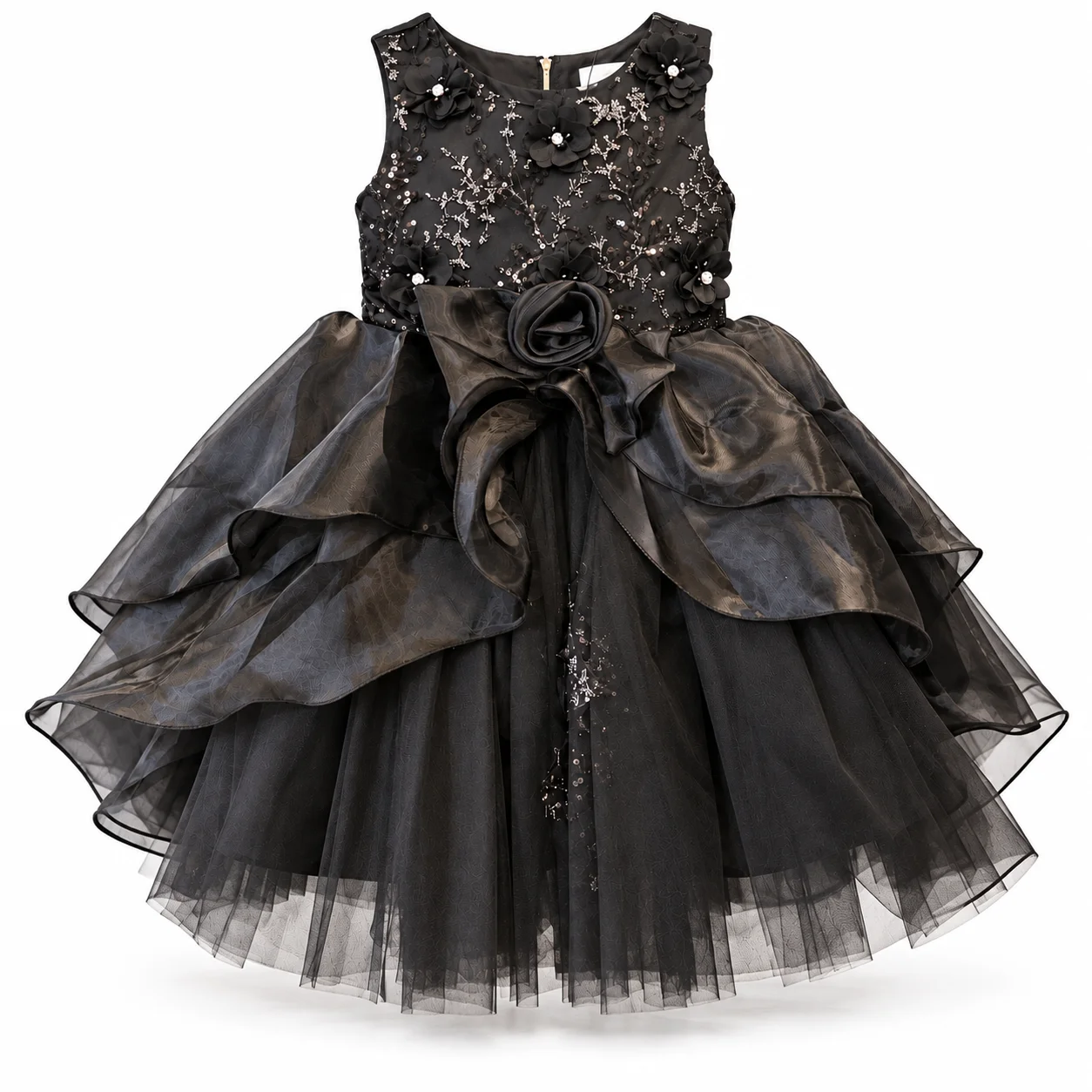Girls Black Floral Sequin Party Dress