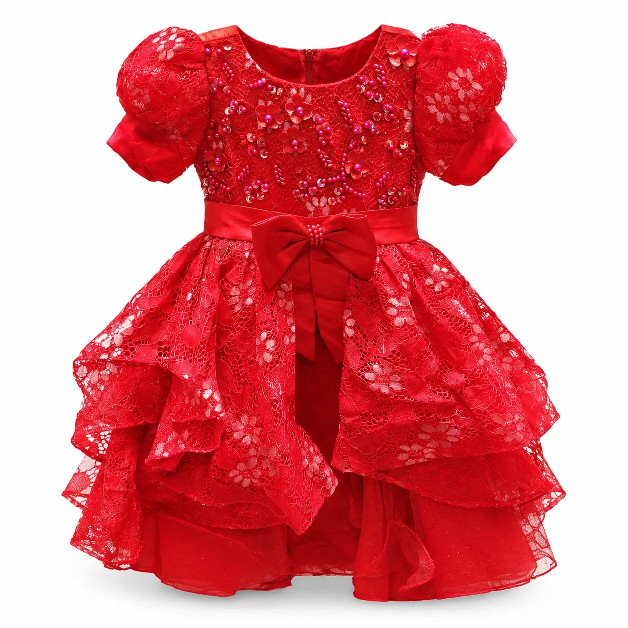Red Floral Lace Party Dress for Girls