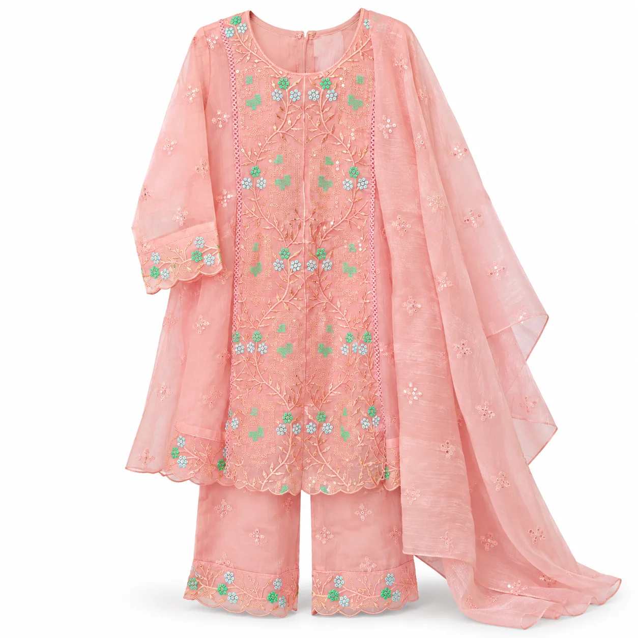 Girls Cream & Pink Embroidered 3-Piece Ethnic Dress