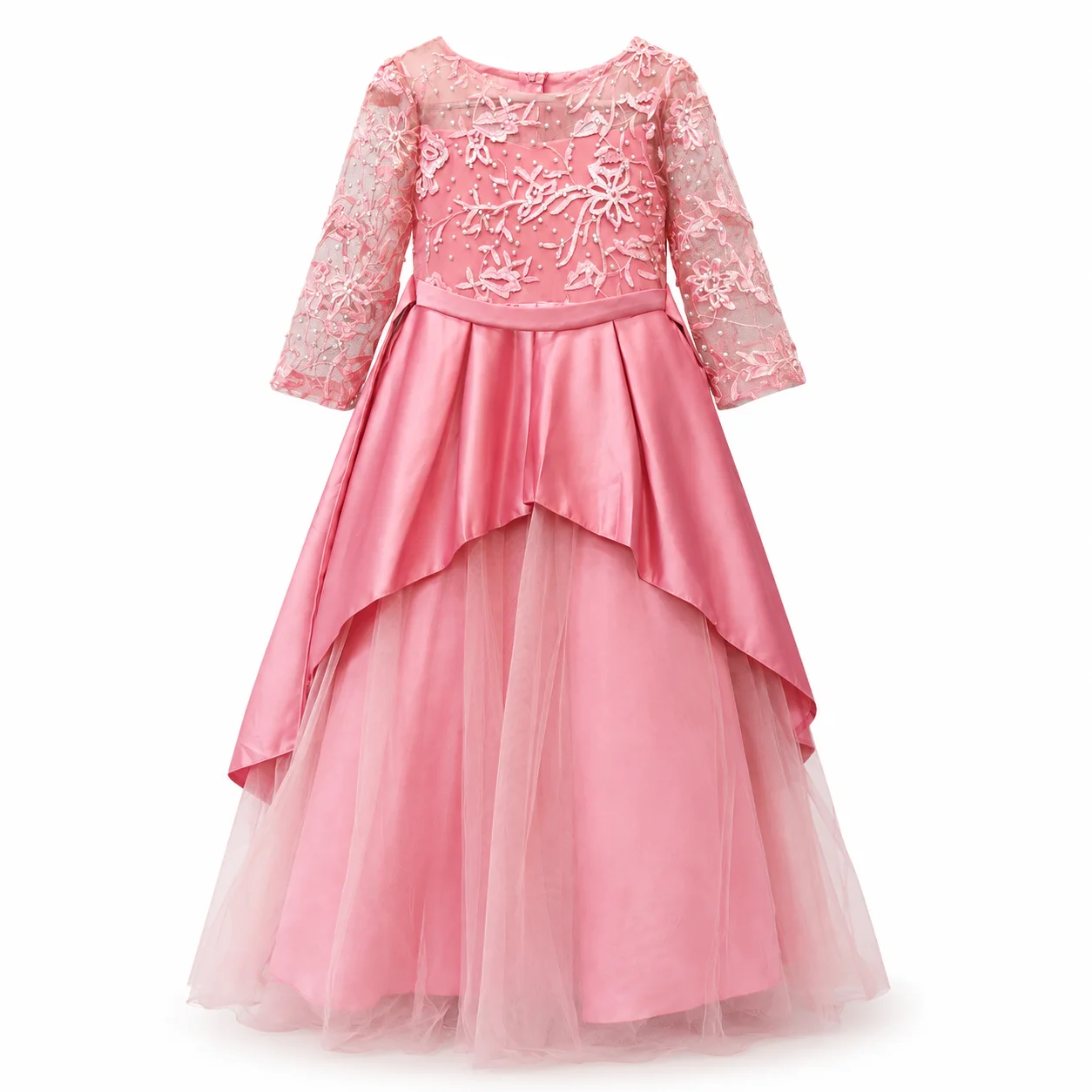 Pink Floral Embroidered Princess Party Dress for Girls