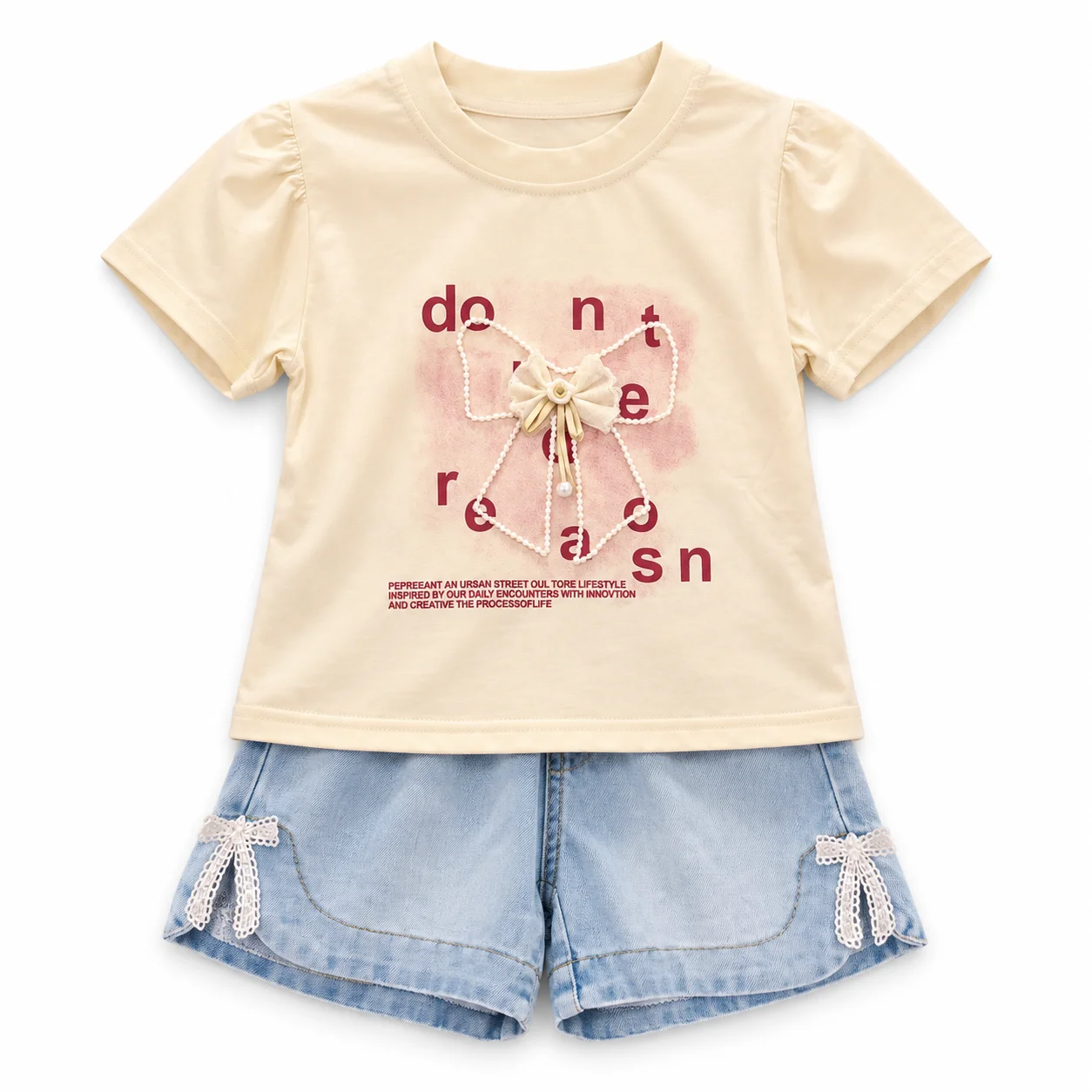 Girls Pink & Light Denim Blue 2-Piece T-Shirt & Denim Shorts Set