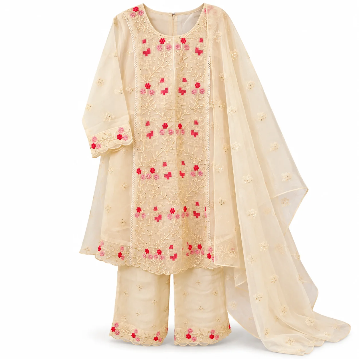 Girls Cream & Pink Embroidered 3-Piece Ethnic Dress thumbnail 3