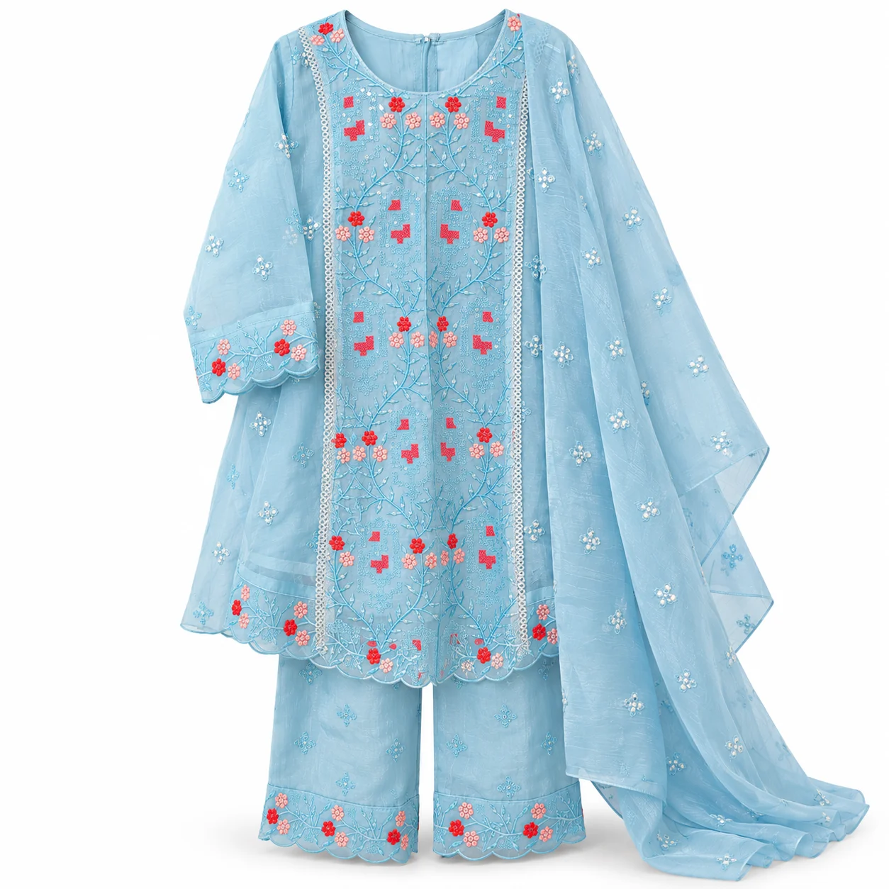 Girls Cream & Pink Embroidered 3-Piece Ethnic Dress