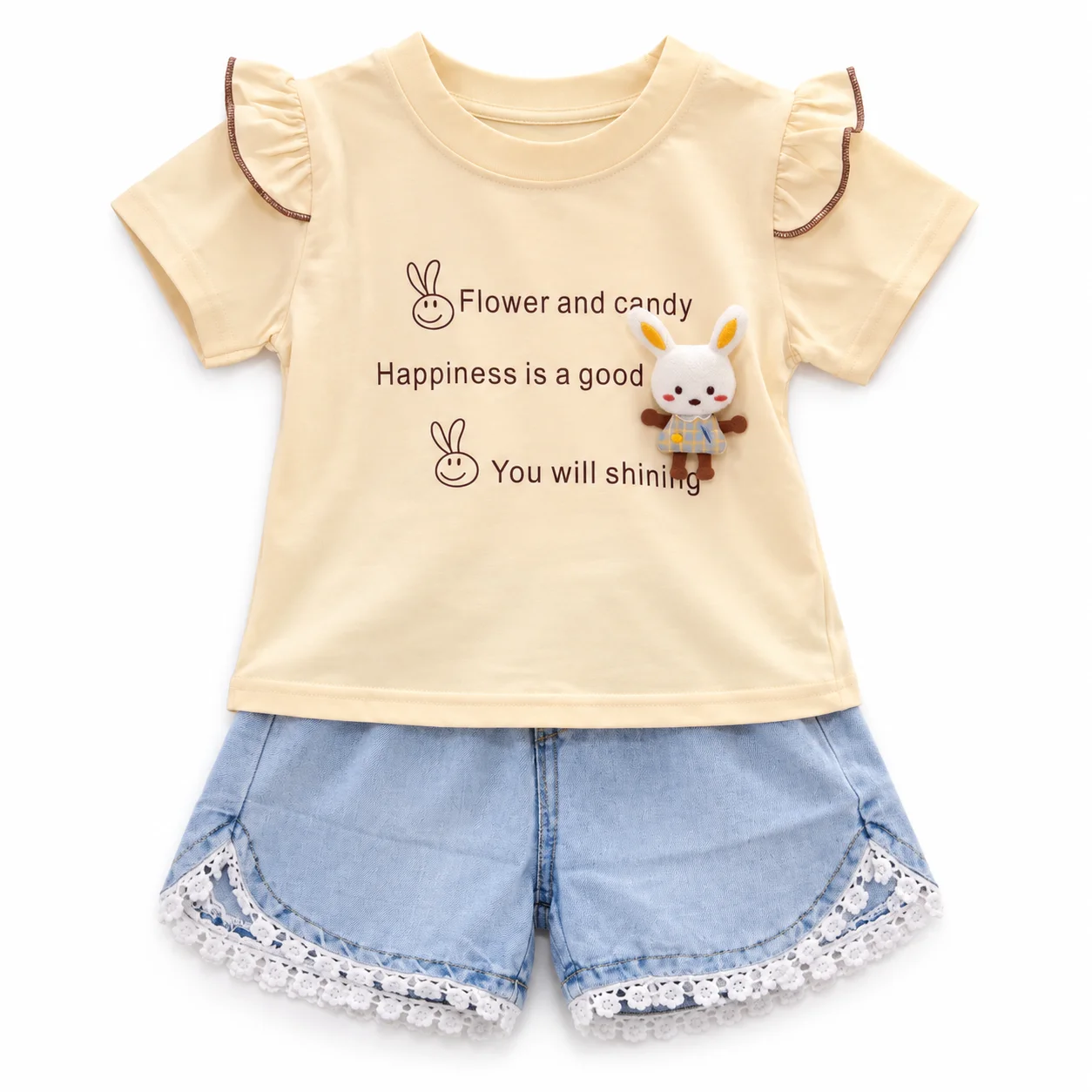 Girls Cream & Pink 2-Piece T-Shirt & Denim Shorts Set